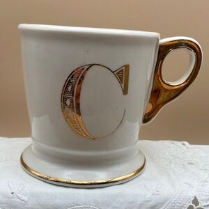 Anthropologie Coffee  Monogram Letter C Gold White Shaving Barber Style  Mug